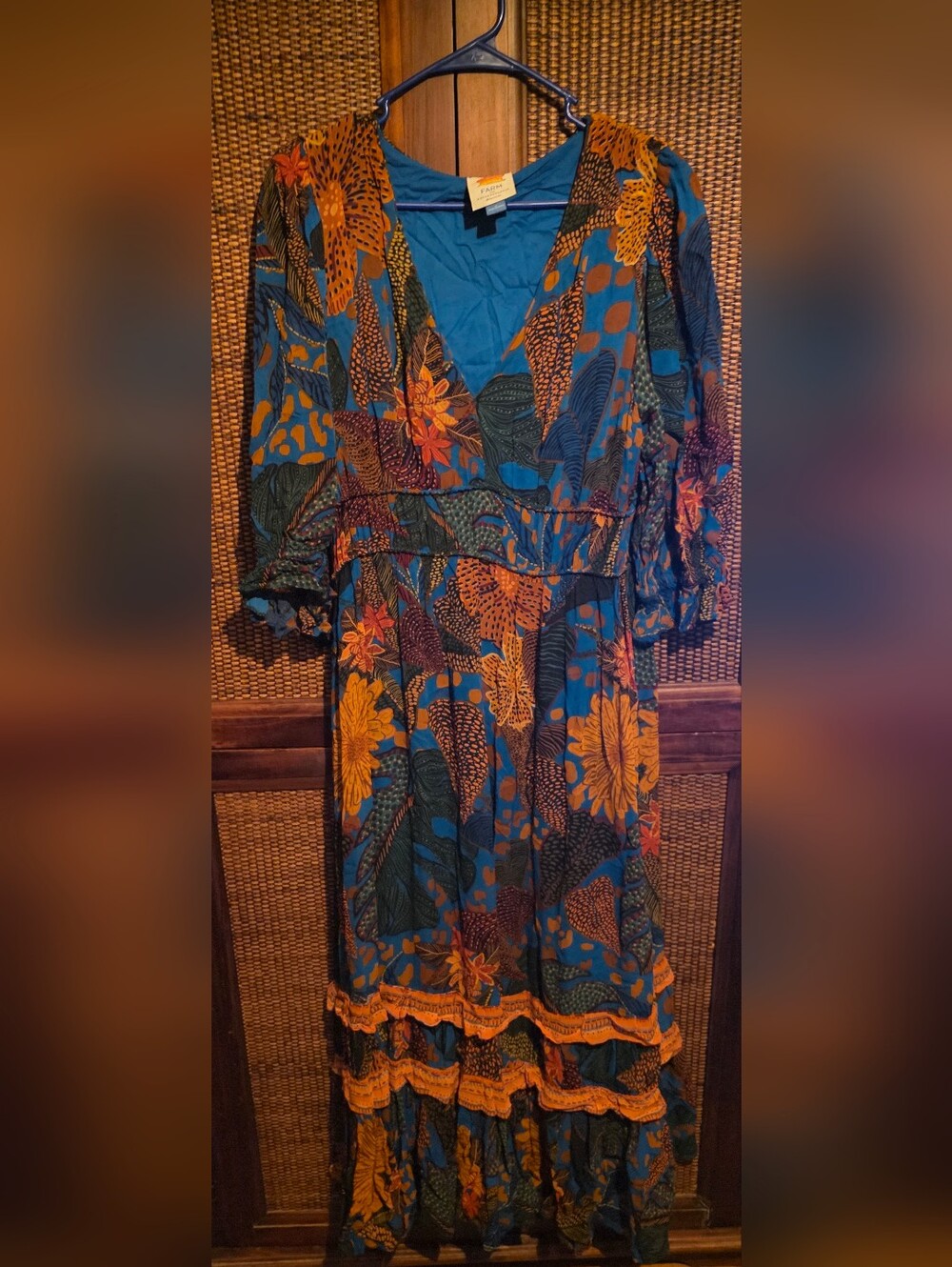 FARM Rio Puff Sleeve Anthropologie Blue Rust Floral Maxi Dress Tropical Medium - Picture 5 of 9